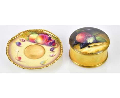 P. PLATT FOR ROYAL WORCESTER; a hand painted saucer, decorated with fruit, and a Coalport limited edition hand painted trinke
