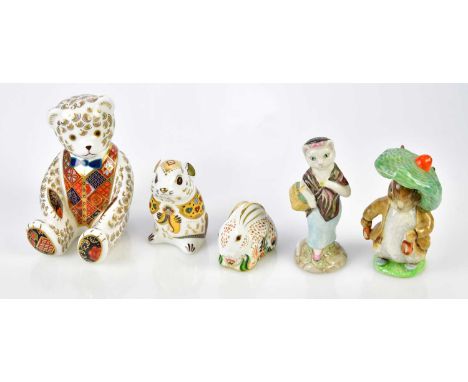 ROYAL CROWN DERBY; three animal paperweights, a seated bear, a baby Rowsley Rabbit and fieldmouse, Beatrix Potter Beswick Sus