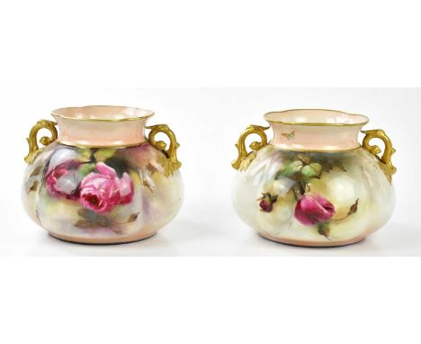 JOSEPH HADLEY, ROYAL WORCESTER; two twin handled bulbous form vases painted with roses, one example with butterflies, height 