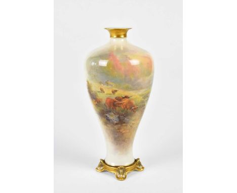 JAMES STINTON FOR ROYAL WORCESTER; a hand painted vase decorated with Highland cattle and landscape scene, signed, on three o