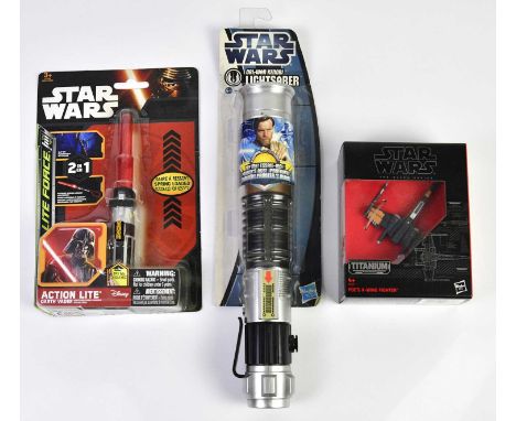 STAR WARS; a Black Series 'Poe's X-Wing Fighter', together with Obi-Wan Kenobi Light Sabre and Action Lite Darth Vader Light 