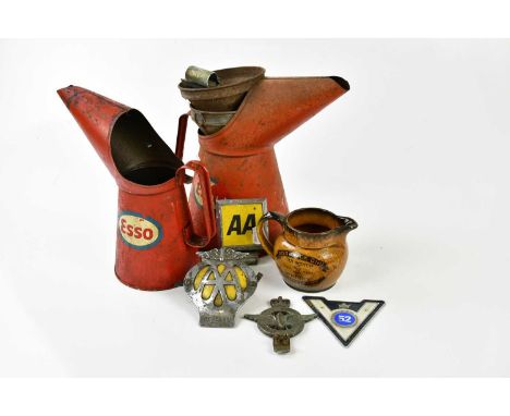 AUTOMOBILIA; two vintage advertising Esso oil cans, car badges including Civil Service Motoring Association, AA, also an adve