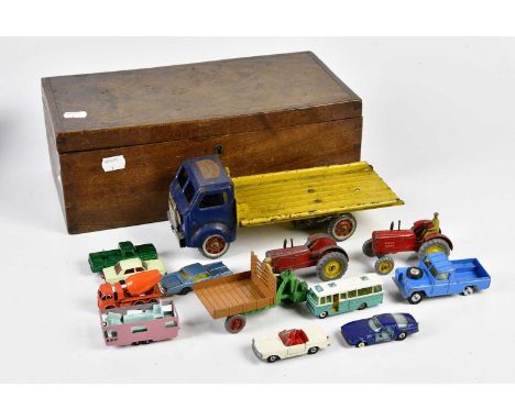 MECHANISED TRANSPORT; a clockwork model of a lorry, Dinky toys etc, contained in a mahogany case.