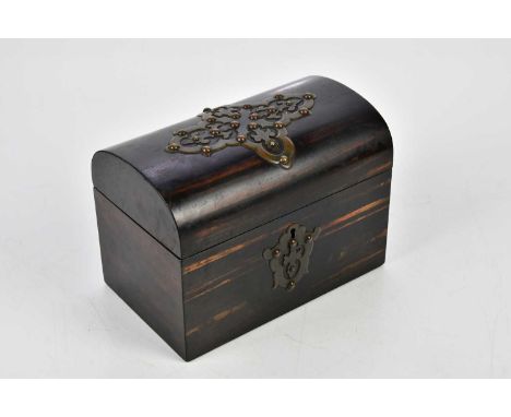A 19th century coromandel wood tea caddy, height 14cm, width 20cm, depth 12cm.