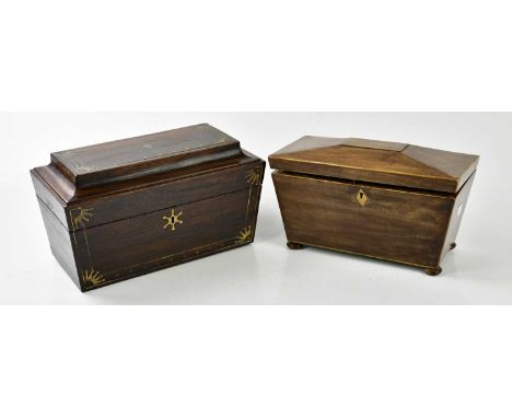 A Victorian brass bound tea caddy, the hinged cover enclosing two compartments and glass bowl, length 31cm, and a further Vic