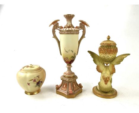 ROYAL WORCESTER; a blush ivory vase shape 2064, height 28.5cm, a smaller eagle pot pourri, and a further smaller pot pourri (