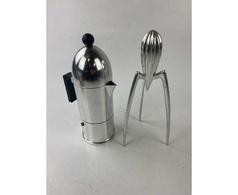 ALESSI; a modern stainless steel 'La Cupola' cafetière, height 28cm, and an Alessi Juicy Salif citrus squeezer (2).