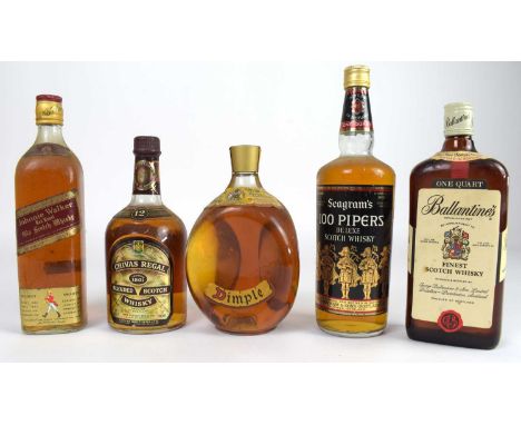 WHISKY; five bottles mixed whisky, including Haig & Co Dimple, Seagram's 100 Pipers Deluxe Scotch Whisky, single bottle Johnn