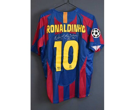 RONALDINHO; a signed Brazil 2005 retro-style football shirt, signed to reverse, size L.Condition Report: Creasing and light g