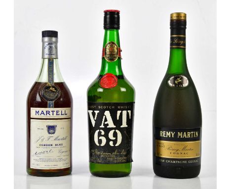 COGNAC; a single presentation box of Remy Martin Fine Champagne Cognac, single bottle VAT 69 Finest Scotch Whisky, and a sing