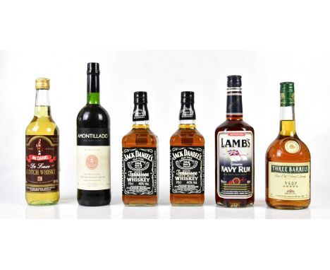 MIXED SPIRITS; six bottles including a single bottle of McDaniel Deluxe Scotch Whisky, 70cl, 40%, a single bottle of Three Ba