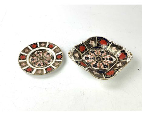 ROYAL CROWN DERBY; a square shaped twin acorn handled dish in the 1128 pattern, width 22cm and a small circular dish in the 1
