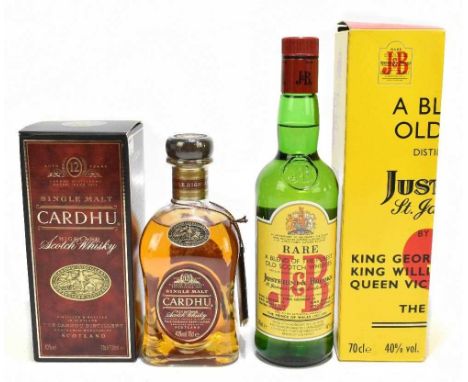 WHISKY; two bottles comprising Cardhu Single Malt aged 12 years and Justerini &amp; Brookes blended Scotch Whisky, each boxed