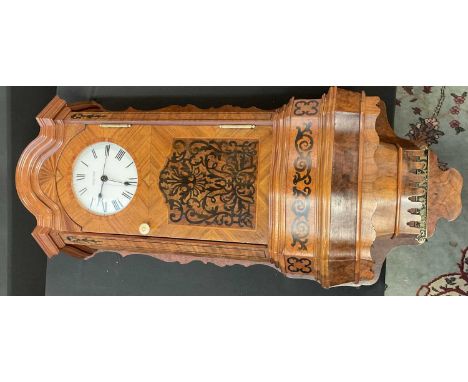 A 19th century walnut and inlaid wall clock, with white enamel dial set with Roman numerals, with plaque to bottom 'Station D