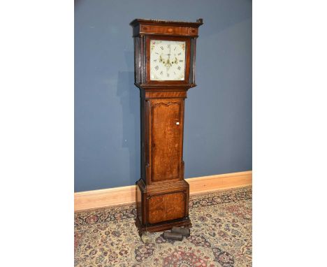 A 19th century oak and mahogany eight day longcase clock with painted white enamel dial, for restoration.