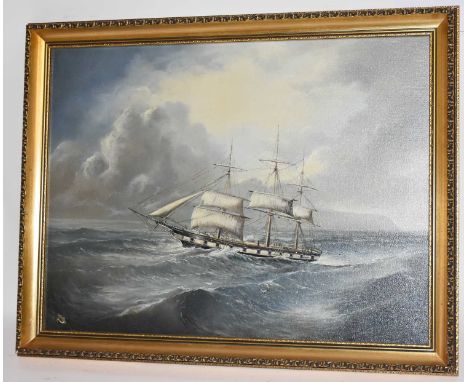 M. MOORE; oil on canvas, ship scene, signed lower left, 59 x 44cm, framed.