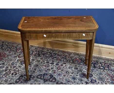 A 19th century mahogany and satinwood crossbanded card table on twin gateleg supports, width 90.5cm.