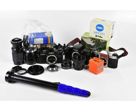 A mixed collection of cameras and photography equipment, to include Canon EOS100, two pairs of binoculars, various lenses to 