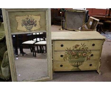 A decorative painted French three drawer chest, width 109cm, with matching rectangular console mirror, 143 x 76cm.