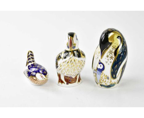 ROYAL CROWN DERBY; three animal form paperweights comprising puffin, penguins and bird (3).Condition Report: Light wear to ea
