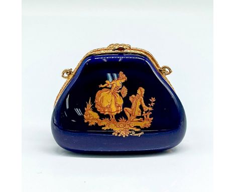 Cobalt blue purse style design with chain purse handle and snap closure. Victorian couple on both sides. Imperia Limoges back