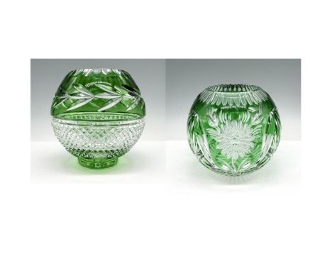 Handmade, green colored to clear cut vessels with frosted crystal accents with thumbprint and deep cuts. Brilliant floral and