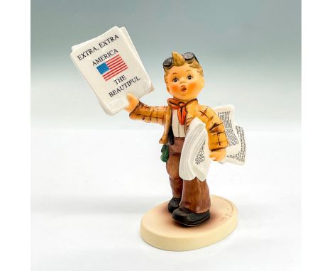 Hand painted figure of a young boy standing holding newspaper with the headline - America The Beautiful. Goebel backstamp. Is