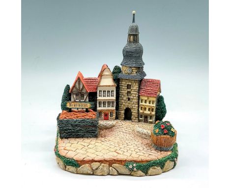 Rendered small town view with cobblestone walkways and buildings around town circle. Goebel backstamp. 939D. This item has it
