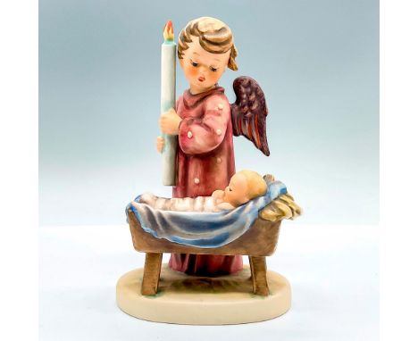 Hand painted figure of an angel, holding a large flamed candlestick, watching over a baby. Goebel backstamp. This item has it