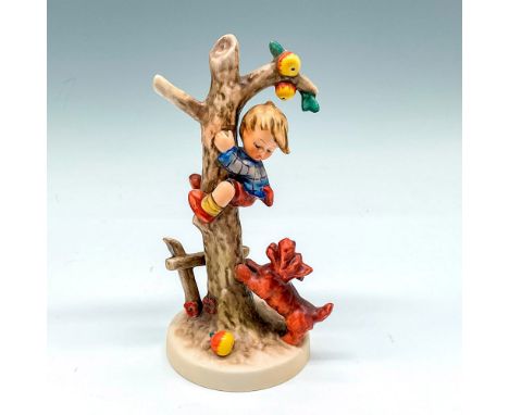 Figural has little boy climbing a tree with his dog looking up at him. Matte finished and hand painted in browns, red, blue a