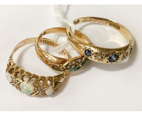 3 18CT GOLD &amp; GEMSTONE, PEARL &amp; DIAMOND CONTENT RINGS - SIZES 9/K/Q - 6.3 GRAMS
