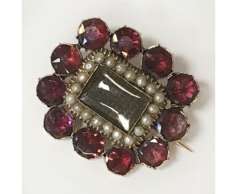 GEORGIAN GARNET &amp; SEED PEARL MOURNING BROOCH