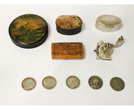 HM SILVER VESTA, THE DEVIL WITH RED EYES, 3 WOODEN SNUFF BOXES, 1 HM SILVER SNUFF BOX &amp; 5 VICTORIAN SILVER COINS