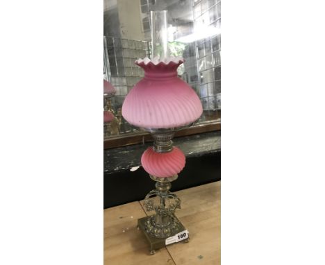 VICTORIAN BRASS / SILVER PLATE SATIN FONT &amp; BEEHIVE SHADE OIL LAMP - 50CM