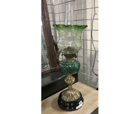 VICTORIAN OIL LAMP - GREEN GLASS FOOT &amp; MATCHING SHADE - 63CM