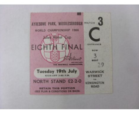 1966 World Cup, a ticket from the game played at Middlesbrough on 19/07/1966, in very good condition, North Korea v Italy