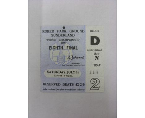 World Cup 1966, a ticket from the game played at Roker Park, Sunderland on 16/07/66 Soviet Union v Italy, in very good condit