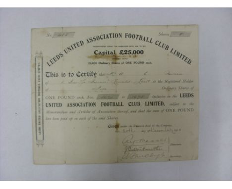 1920 Leeds Utd, an official share certificate dated 20 December 1920 for five ordinary shares of £1 each in the Leeds Utd Ass
