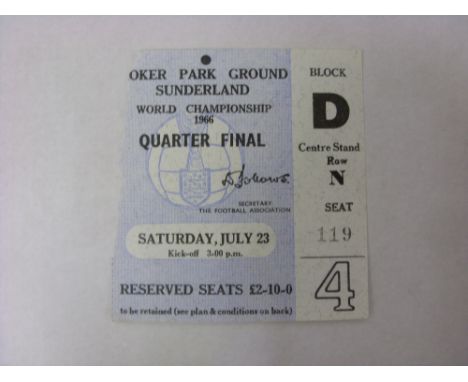 World Cup 1966, a ticket from the game played at Roker Park, Sunderland, on 23/07/1966 Hungary v Soviet Union, slight damage 