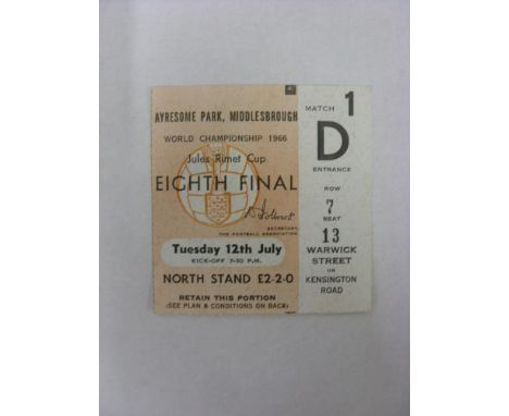 1966 World Cup, a ticket from the game played at Middlesbrough on 12/07/1966, in very good condition, Soviet Union v North Ko