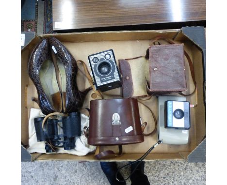 A Collection of Cameras including Boxed Kodak Six-20 Brownie E, Polaroid Swing II Land Camera, Carl Zeiss Deltrintem Binocula