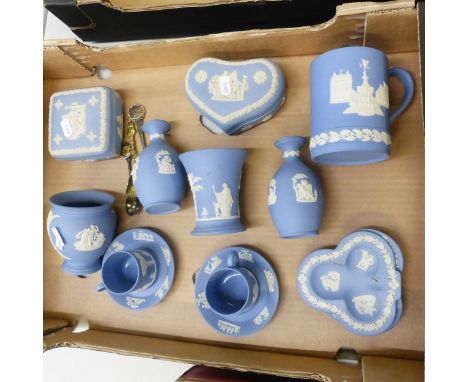 Wedgwood, A Collection of Blue Jasperware including Vases, Lidded Pot, Tankard, Coffee Cans and Saucers etc. (1 Tray)