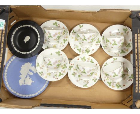 Six Wedgwood Wild Strawberry Teacups and Saucers together with two jasperware plates in blue and black (1 Tray)