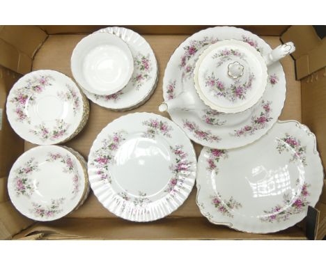 Royal Albert, Lavender Rose Teaware to include Teapot, Bread Plate, Sugar Bowl, Side Plates, Fruit Bowls, Saucers etc. (1 Tra