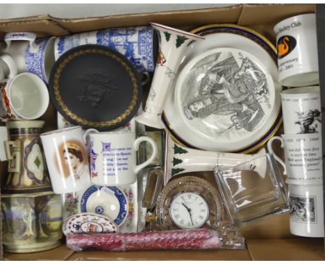 Ceramics To Include Wedgwood Black Jasper Mother Plate Gilt Edge, Masons Christmas Village Candle Sticks,  Crystal Type Glass