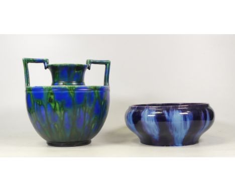 An MH Astra Ware Twin Handled Vase together with a blue drip glaze planter with kiln stilt impressions. Height of tallest: 19