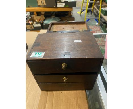 Three Wooden Boxes, including a Sarcophagus Tea Caddy, Small Victorian Box and a small Set of Drawers (missing one pull) Heig