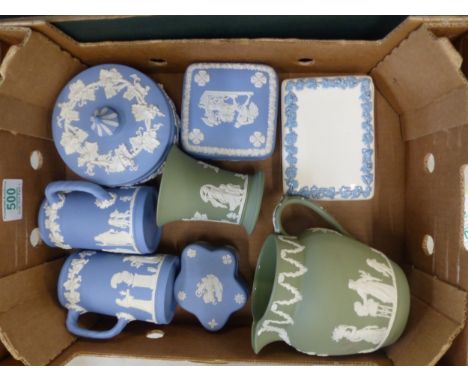 A Collection of Wedgwood Jasperware Blue and Sage Green Items including Jugs, Lidded Trinket Pots, Vase, Queensware  Lidded B