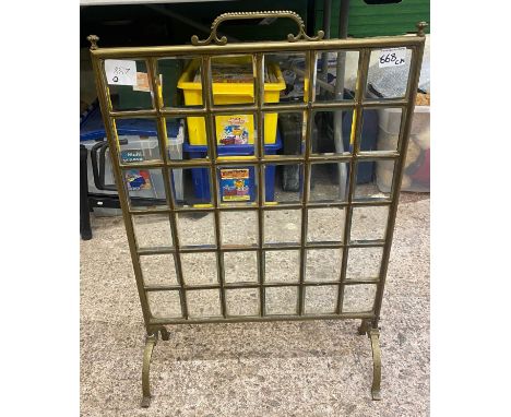 Arts &amp; Crafts Victorian Brass and Leaded Bevelled Glass Fireguard. One loose replacement screw to handle. Height: 71cm