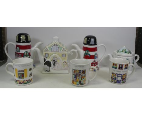 Wade, Four Novelty Teapots including English Life Conservatory, Village Events The Wedding, Two Lighthouse Teapots and Three 